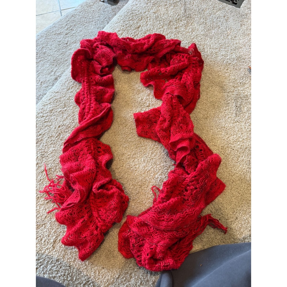 Red Ruffle Knit Scarf Metallic Shimmer Pointelle Fringed Wrap Scarf Womens